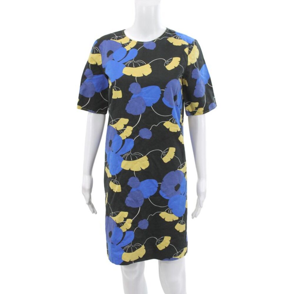 Marni Womens Shift Dress Black Floral Crewneck Short Sleeve Knee Length Size 42